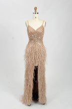 Sparkly V-Neck Sequin Sheath Feather Trim Slit Evening Dress MC067