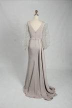V-Neck Satin Mother of the Bride Dress with Sequin Long Sleeves KS031