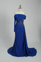Off the Shoulder Beaded Satin Fit and Flare Mother of the Bride Dress KS032