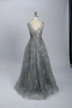 Luxury Beaded Deep V-Neck A-Line Evening Dress MK071