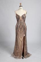 Champagne Nude Beaded V-Neck MOB Dress with High Collar Cape Sleeves KY057