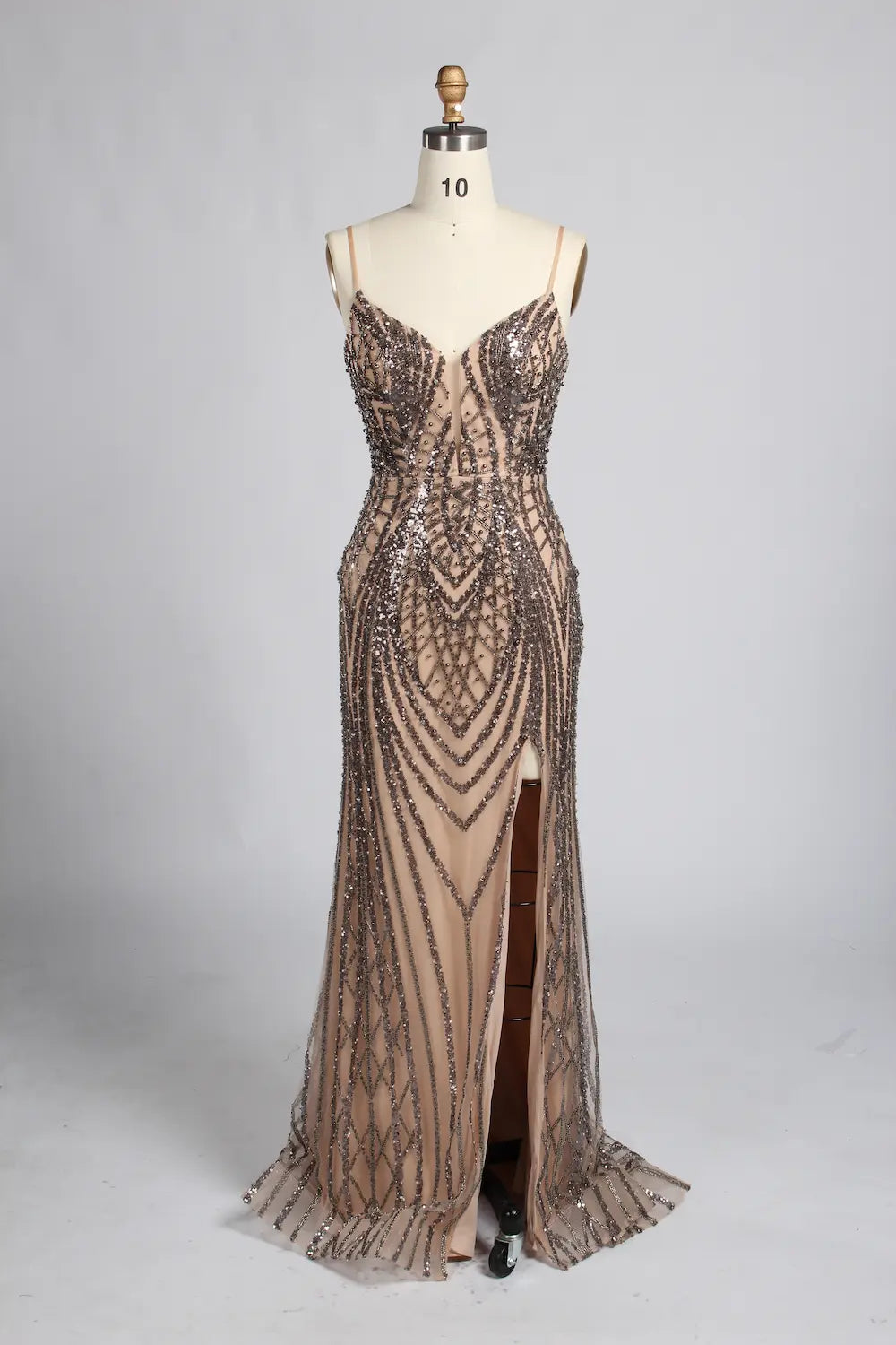 Champagne Nude Beaded V-Neck MOB Dress with High Collar Cape Sleeves KY057