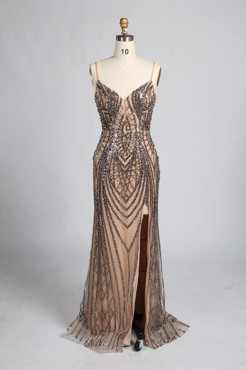 Gold-toned beaded V-neck formal dress with layered diamond motif