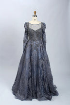 Dark blue beaded illusion A-line mother-of-the-bride dress with long illusion sleeves