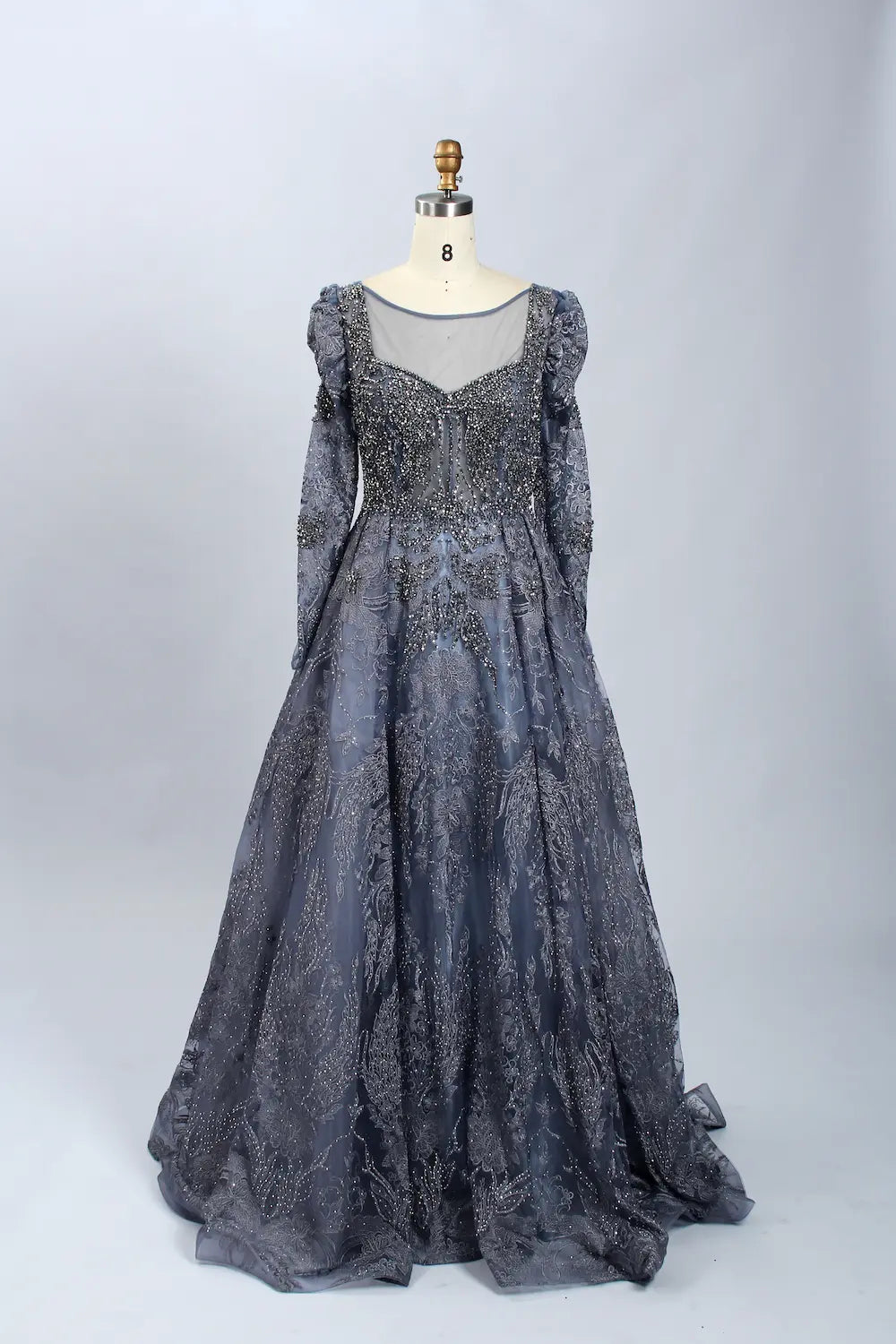 Dark blue beaded illusion A-line mother-of-the-bride dress with long illusion sleeves