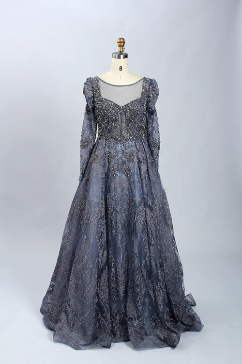 Dark blue beaded illusion A-line mother-of-the-bride dress with long illusion sleeves