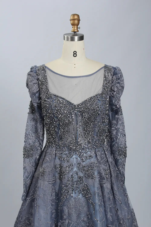Dark blue beaded V-neck illusion bodice with puffed long illusion sleeves
