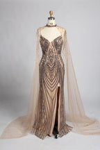 Champagne Nude Beaded V-Neck MOB Dress with High Collar Cape Sleeves KY057