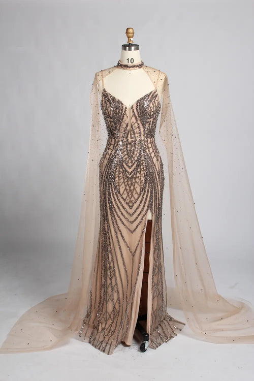 Gold-toned beaded V-neck MOB dress with sheer cape sleeves