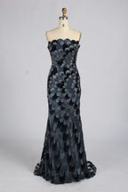 Strapless mermaid evening dress with dark navy sequin feather scales and fitted skirt