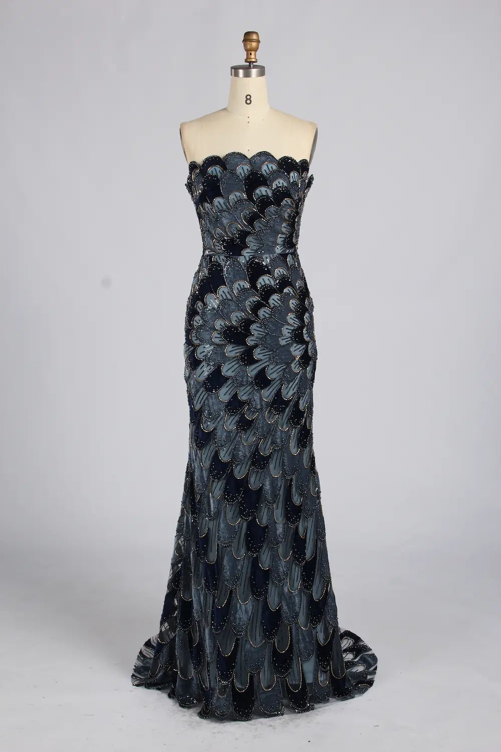 Strapless mermaid evening dress with dark navy sequin feather scales and fitted skirt