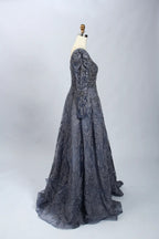 Dark blue beaded A-line mother-of-the-bride dress with long illusion sleeves