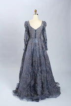 Dark blue V-neck illusion A-line dress with long sleeves and gathered skirt
