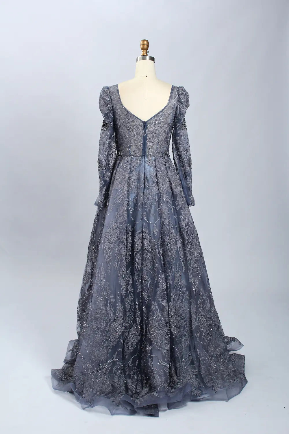 Dark blue V-neck illusion A-line dress with long sleeves and gathered skirt