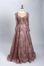 Rose pink beaded illusion A-line mother-of-the-bride dress with long puff sleeves