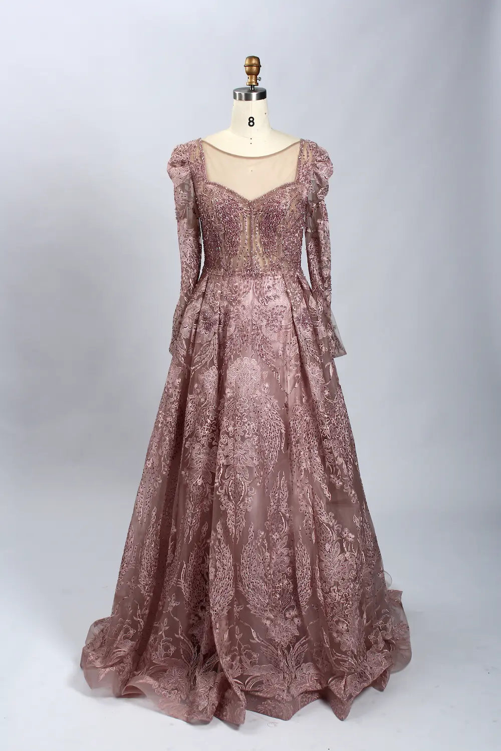 Rose pink beaded illusion A-line mother-of-the-bride dress with long puff sleeves