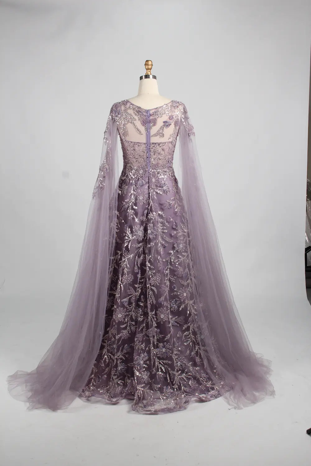 Beaded Floral A-Line Mother of the Bride Dress with Cape Sleeves MK149