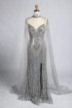 Champagne Nude Beaded V-Neck MOB Dress with High Collar Cape Sleeves KY057