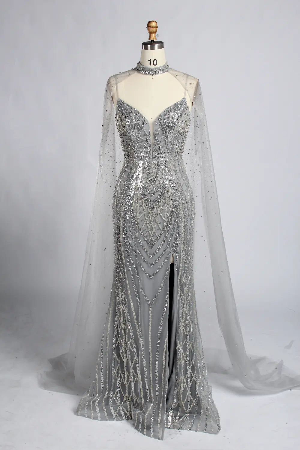 Champagne Nude Beaded V-Neck MOB Dress with High Collar Cape Sleeves KY057