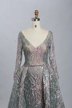 Sage tulle evening dress with V-neck, long puff sleeves, embellished sequin bodice