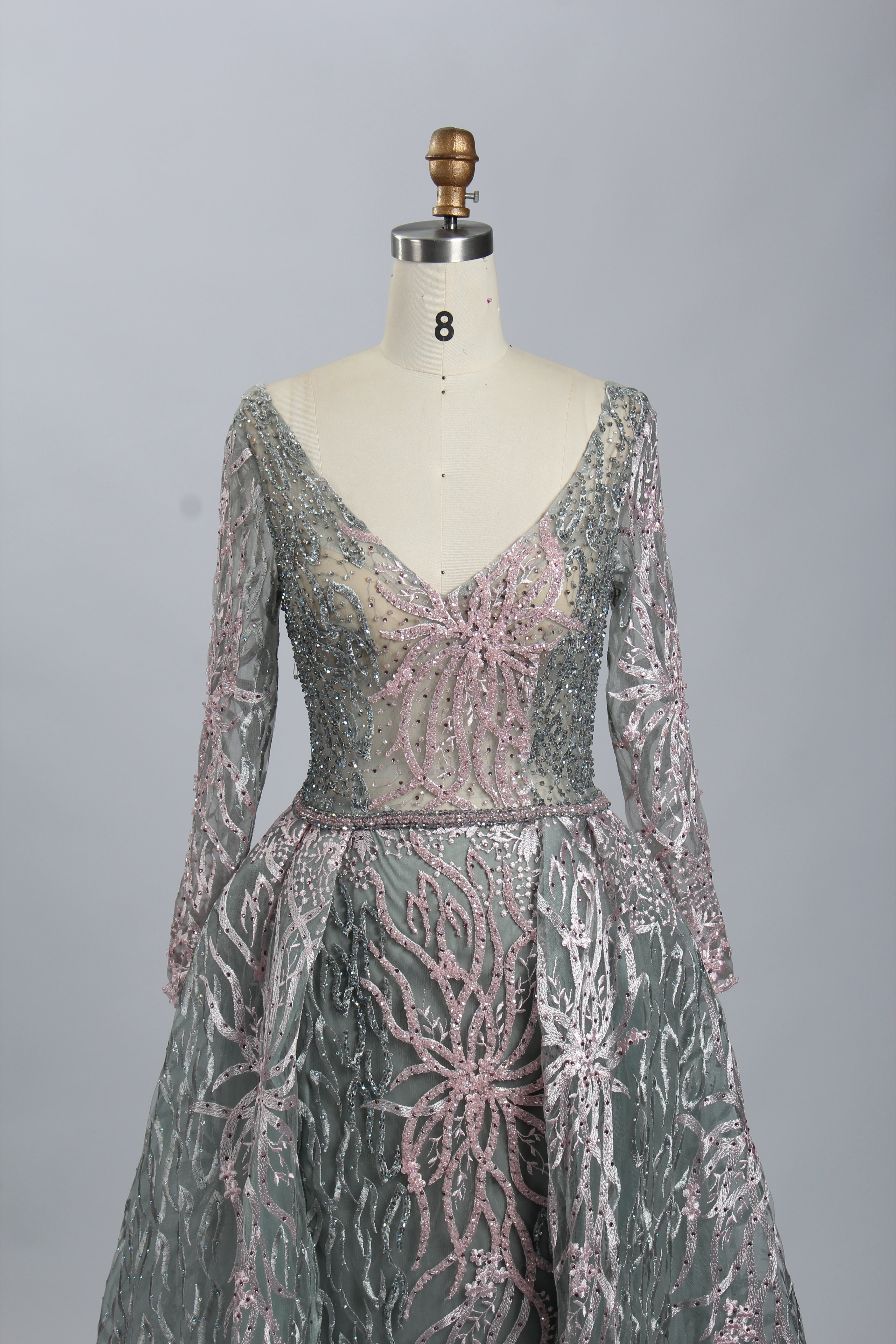 Sage tulle evening dress with V-neck, long puff sleeves, embellished sequin bodice