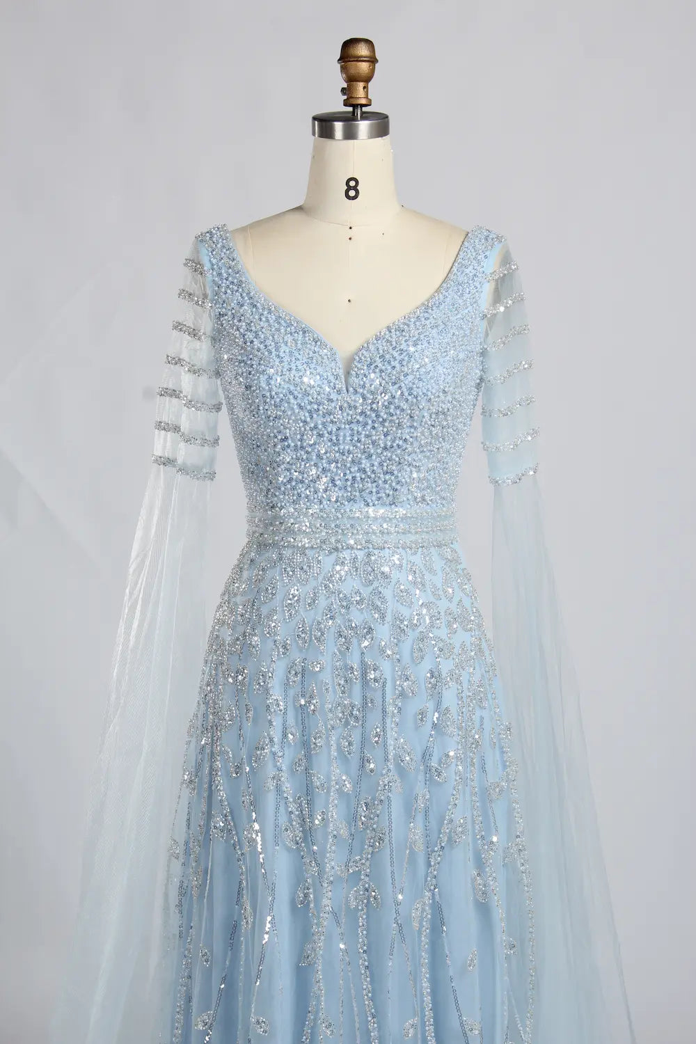 Sky Blue Beaded V-Neck Long Sheer Cape Sleeves Mother of the Bride Dress KY061