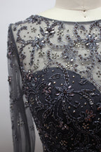 Dark beaded lace bodice with floral bead embroidery on sheer fabric