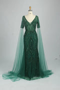 Embellished mermaid evening dress with V-neck and cape sleeves, dark green sequins