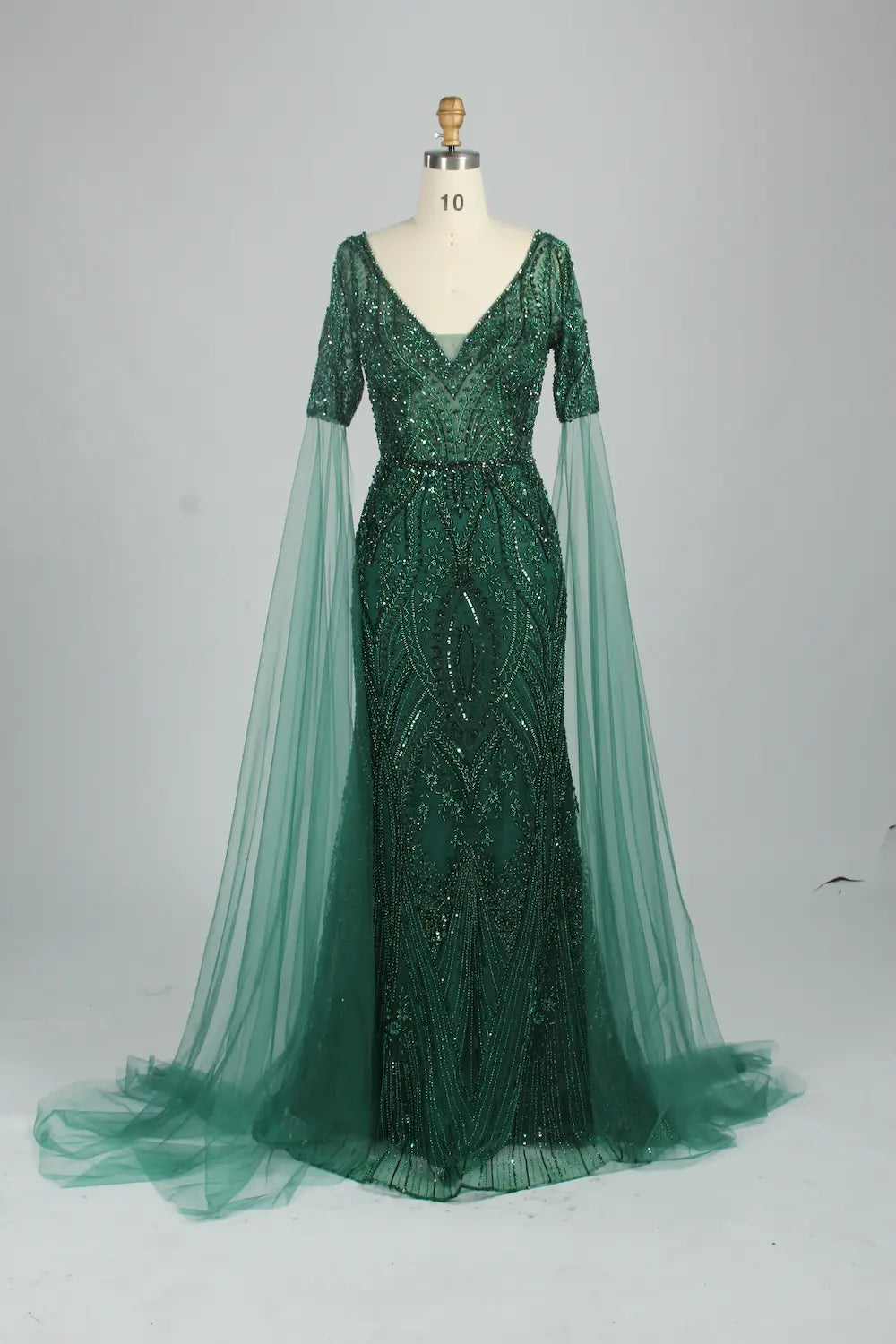 Embellished mermaid evening dress with V-neck and cape sleeves, dark green sequins