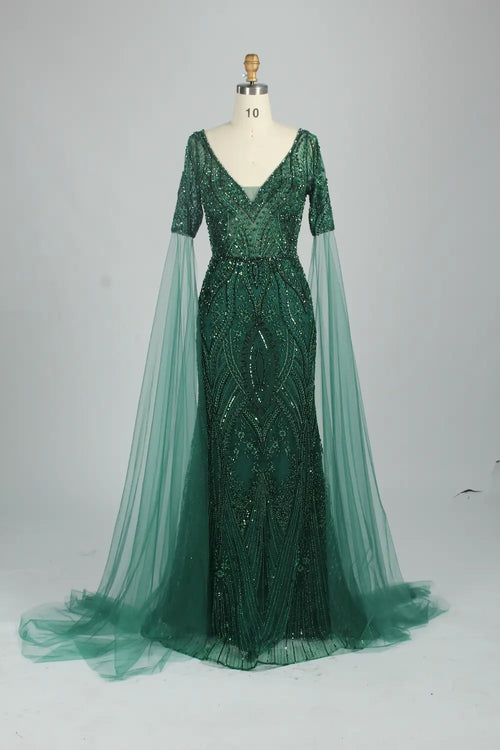 Embellished mermaid evening dress with V-neck and cape sleeves, dark green sequins