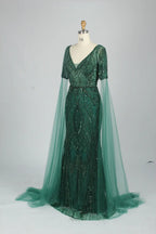 Embellished mermaid V-neck dress with cape sleeves and dark green sequins