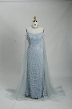 Light Blue Beaded Mother of the Bride Dress with Sheer Cape MC108
