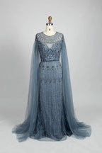 Dusty Blue Timeless A-Line Mother of the Bride Dress with Long Sleeves MC077