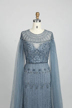 Dusty Blue Timeless A-Line Mother of the Bride Dress with Long Sleeves MC077