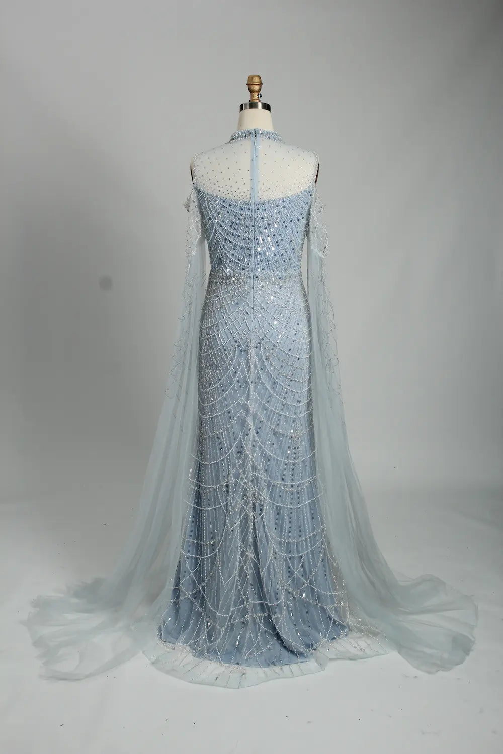 Light Blue Beaded Mother of the Bride Dress with Sheer Cape MC108