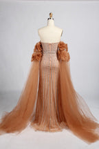 Strapless Beaded Evening Dress with Floral Tulle Sleeves KY063
