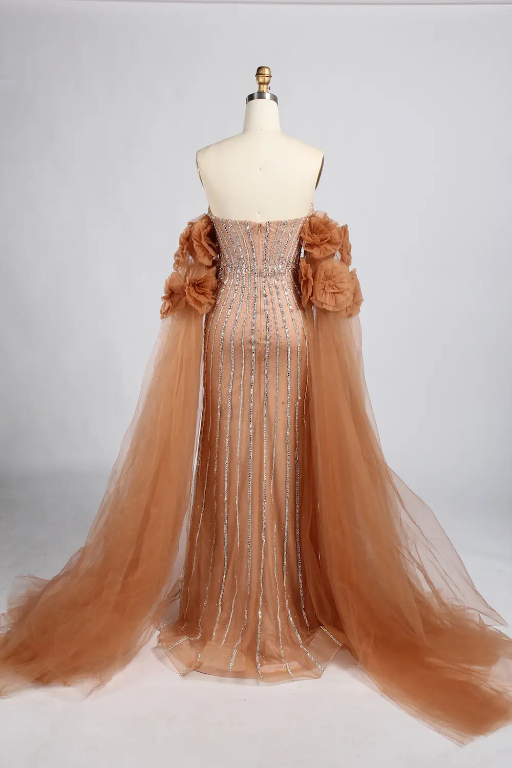 Strapless Beaded Evening Dress with Floral Tulle Sleeves KY063