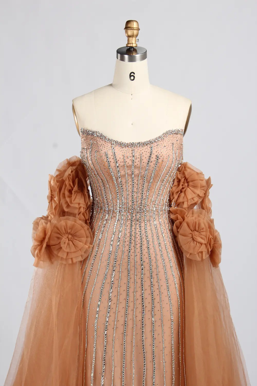 Strapless Beaded Evening Dress with Floral Tulle Sleeves KY063