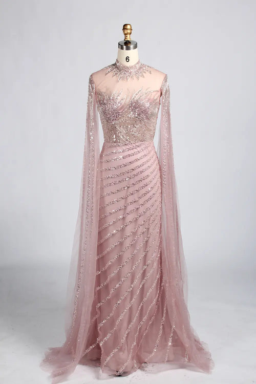 Dusty rose-gold beaded sheath dress with high neck and cape sleeves