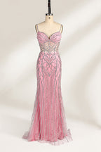 A mannequin presents a pink tulle gown with silver sequin embroidery against a light backdrop. It boasts thin straps, a sheer bodice with geometric patterns, and a mermaid - style skirt. The shimmering sequins and intricate design make it a standout choice for proms or formal events.5