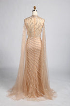 Champagne Gold High Neck Beaded Cape Sleeves Sheath MOB Dress KY060