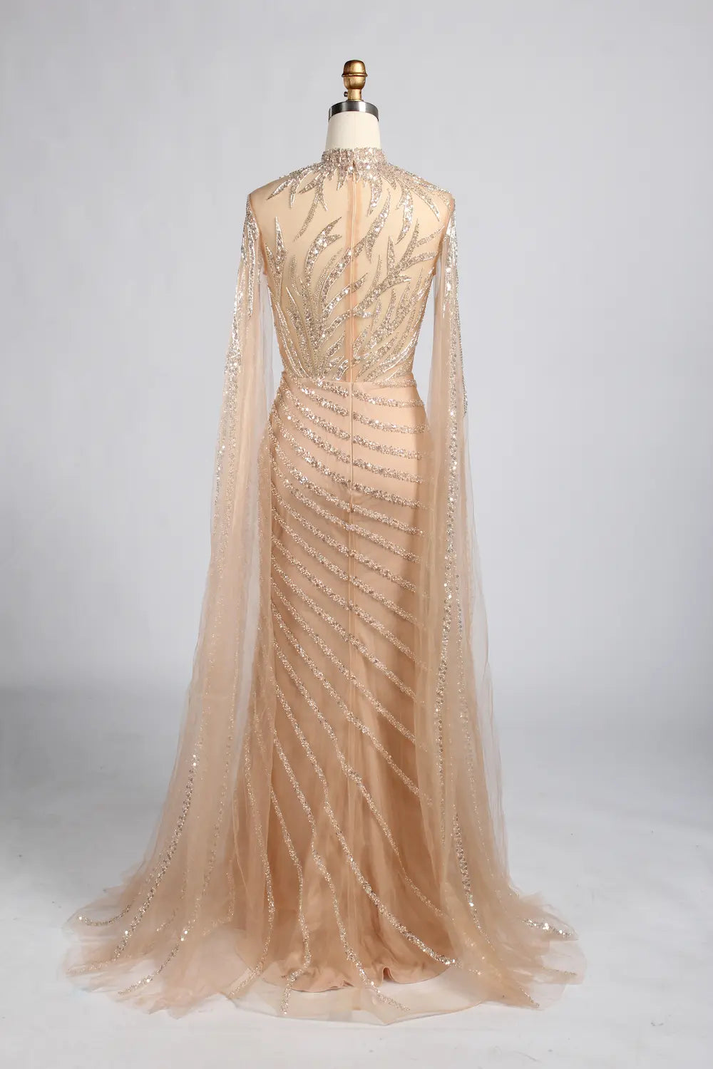 Champagne Gold High Neck Beaded Cape Sleeves Sheath MOB Dress KY060
