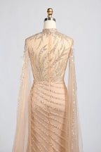 Champagne Gold High Neck Beaded Cape Sleeves Sheath MOB Dress KY060