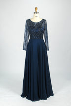Navy long-sleeve mother-of-the-bride dress with sequin beaded bodice and pleated skirt