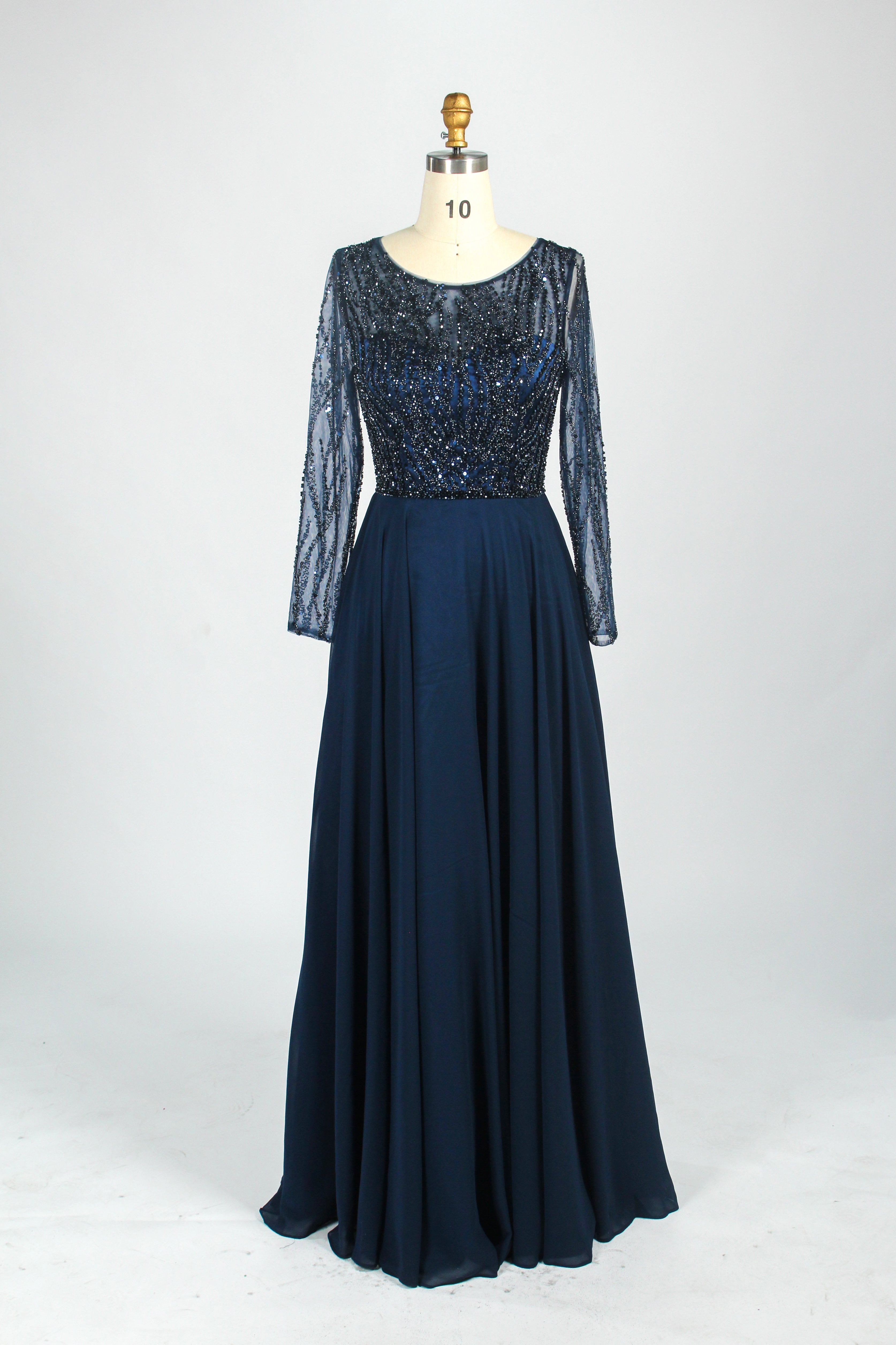 Navy long-sleeve mother-of-the-bride dress with sequin beaded bodice and pleated skirt