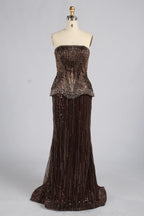 Luxury Strapless Bronze Beaded Mermaid Evening Dress with Peplum KY075