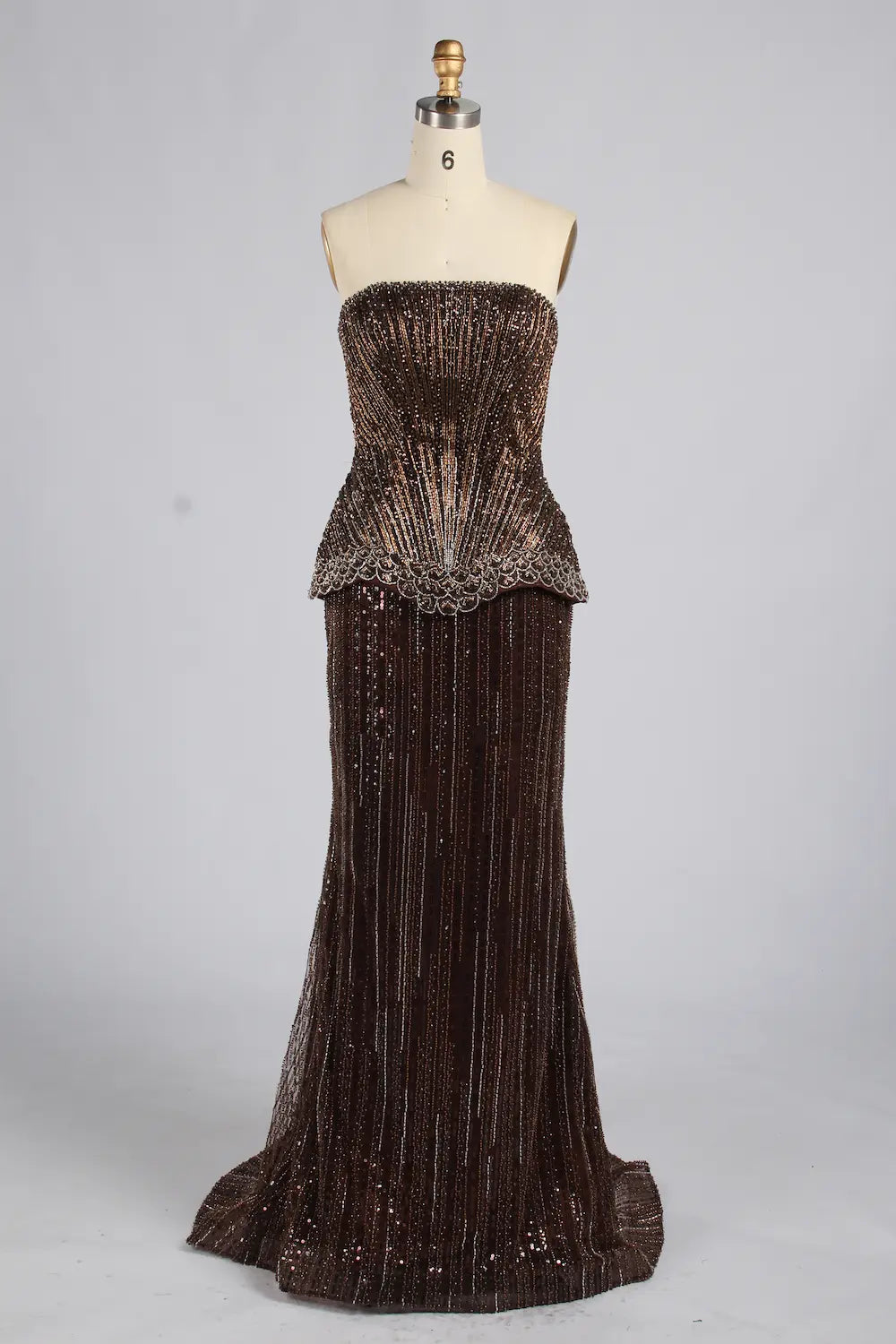 Luxury Strapless Bronze Beaded Mermaid Evening Dress with Peplum KY075