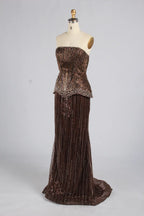 Luxury Strapless Bronze Beaded Mermaid Evening Dress with Peplum KY075