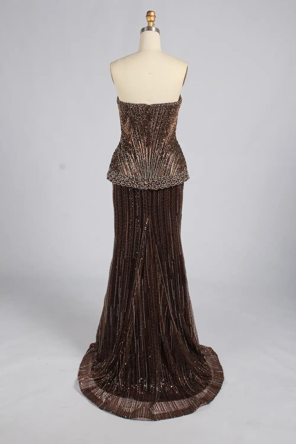 Luxury Strapless Bronze Beaded Mermaid Evening Dress with Peplum KY075