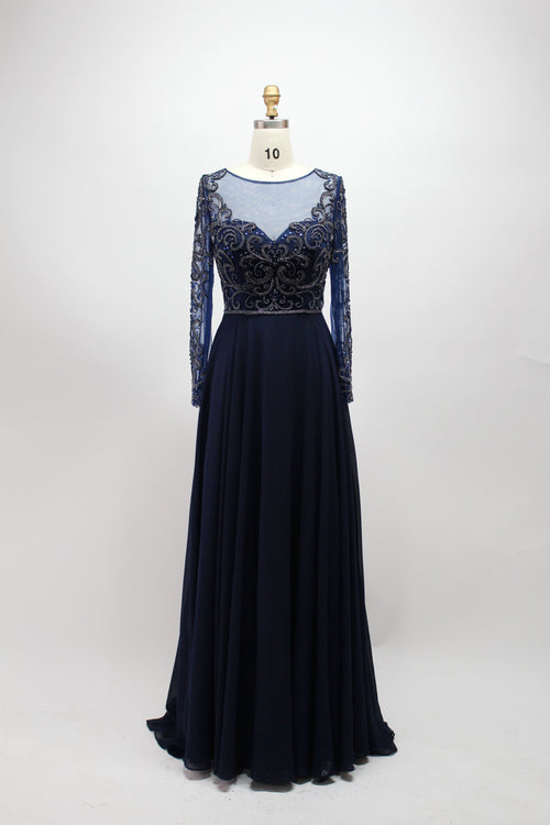 Navy blue long-sleeve dress with beaded lace illusion neckline and pleated skirt